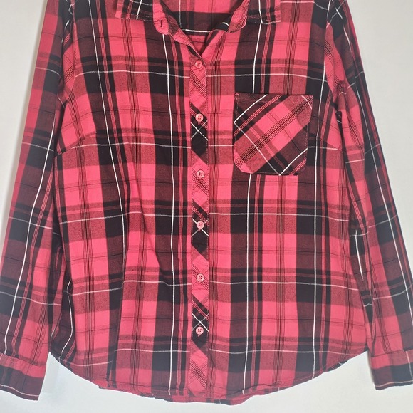 Time and Tru Flannel Shirt Womens Large Red Black Plaid Pocket Cotton Roll Tab L - Picture 3 of 13
